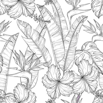Behang Monochroom tropische vegetatie op een lichte achtergrond