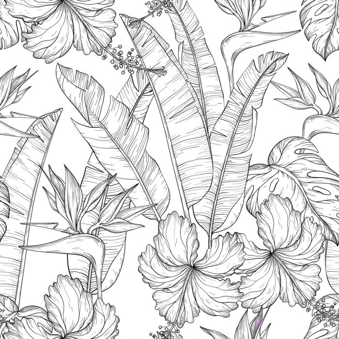 Behang Monochroom tropische vegetatie op een lichte achtergrond