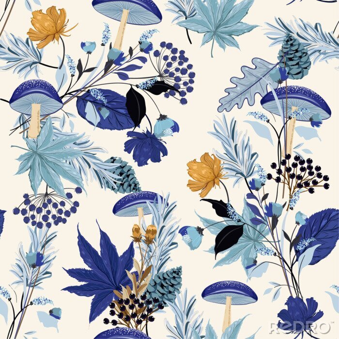 Behang Monotine op blauwe schaduw Herfst nacht tuin naadloos patroon met hand getrokken blad, paddestoel, bloemen, pijnboompitten, eik in het bos motieven vector