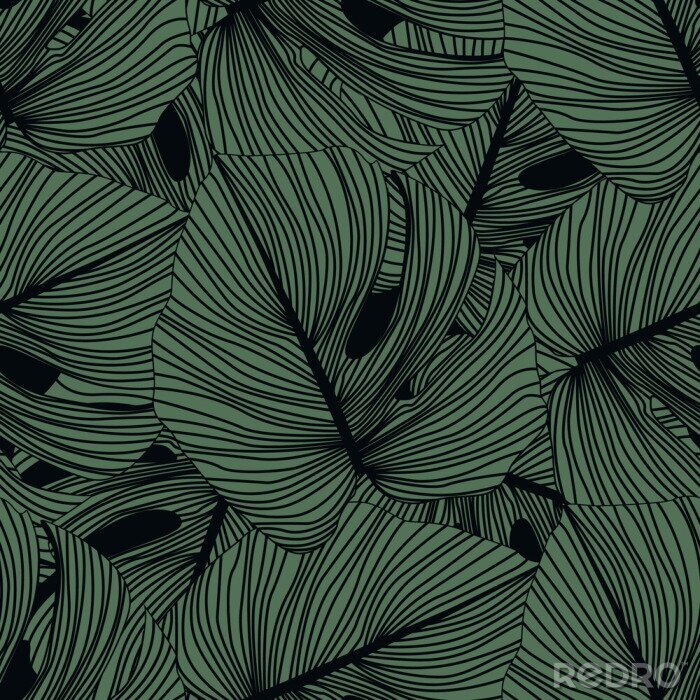 Behang Monstera leaves seamless pattern on black background. Tropical pattern, botanical leaf backdrop.