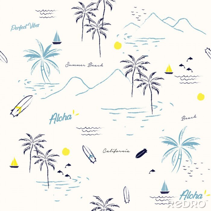 Behang Mooi naadloos eilandpatroon op witte achtergrond. Landschap met palmbomen, strand en oceaan vector hand getrokken stijl.