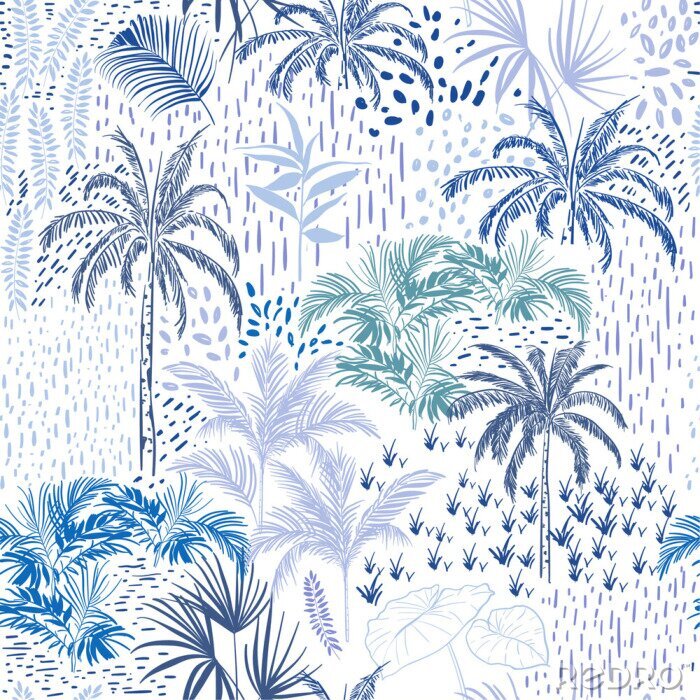 Behang Mooi naadloos itroop bospatroon op witte achtergrond. Landschap met palmbomen, exotische wildernis en planten