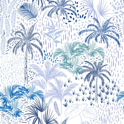 Behang Mooi naadloos itroop bospatroon op witte achtergrond. Landschap met palmbomen, exotische wildernis en planten