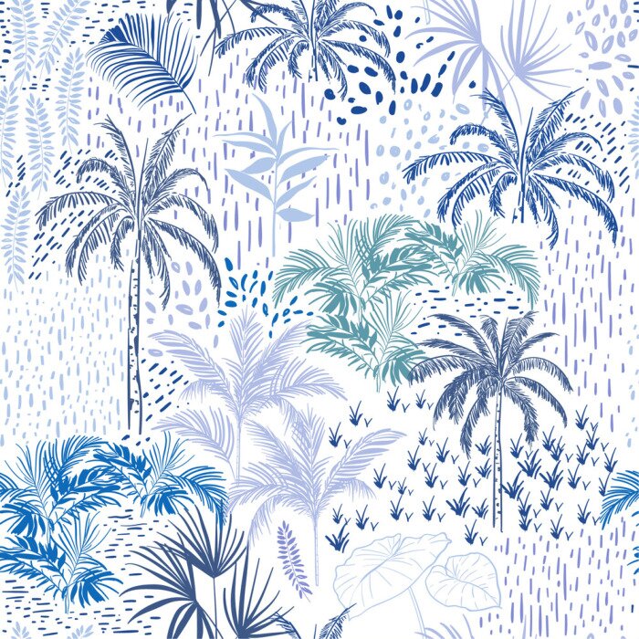 Behang Mooi naadloos itroop bospatroon op witte achtergrond. Landschap met palmbomen, exotische wildernis en planten