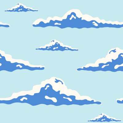 Behang Mooi naadloos patroon met krullende wolken van verschillende grootte in blauwe hemel getekend in pop art stijl. Achtergrond met cloudscape. Moderne vectorillustratie voor behang, stofdruk, verpakkings