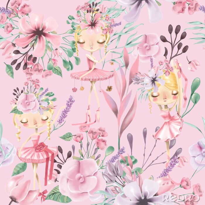Behang Mooi waterverf bloemen naadloos patroon met leuke balletmeisjes, ballerina's. Abstracte rozen, pioen, seringen en takken op roze achtergrond