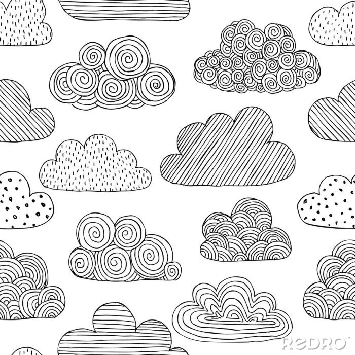 Behang Mooi zwart-wit naadloos patroon van doodle wolken. ontwerp achtergrond wenskaarten en uitnodigingen tot de bruiloft, verjaardag, moederdag en andere seizoensgebonden herfstvakantie.