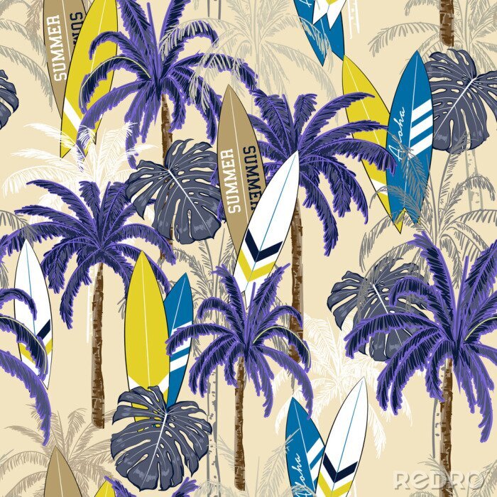 Behang Mooie naadloze hand tekening tropische patroon met palmboom, zee zomer naadloos met palmbomen, eilanden bladeren en surfplanken