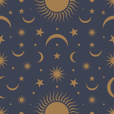 Behang Moon, sun and stars, seamless ornamental pattern