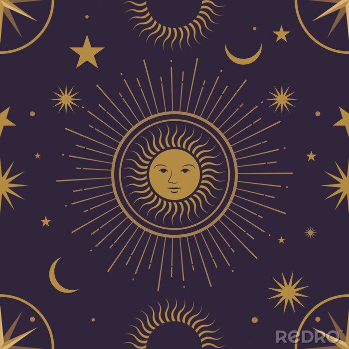 Behang Moon, sun and stars, seamless ornamental pattern