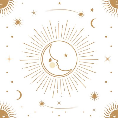 Behang Moon, sun and stars, seamless ornamental pattern
