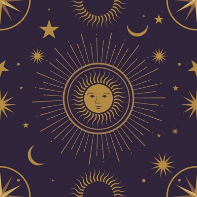 Behang Moon, sun and stars, seamless ornamental pattern