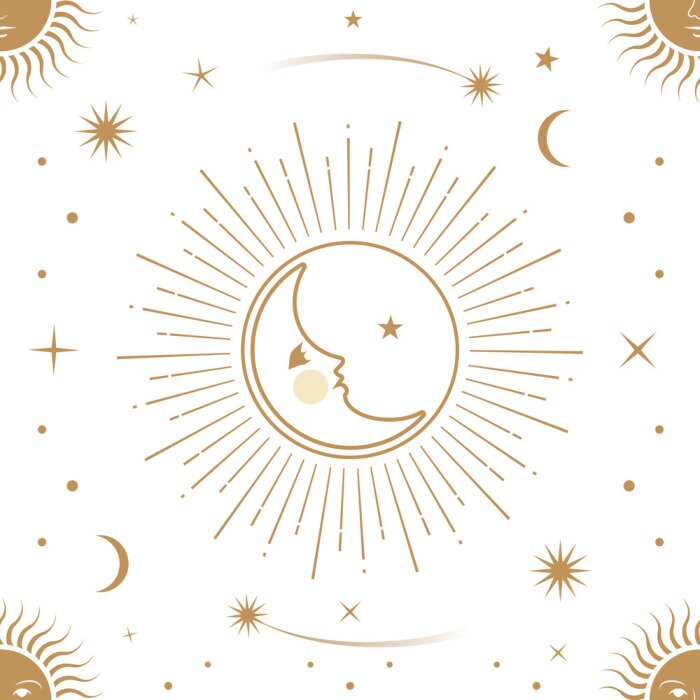 Behang Moon, sun and stars, seamless ornamental pattern
