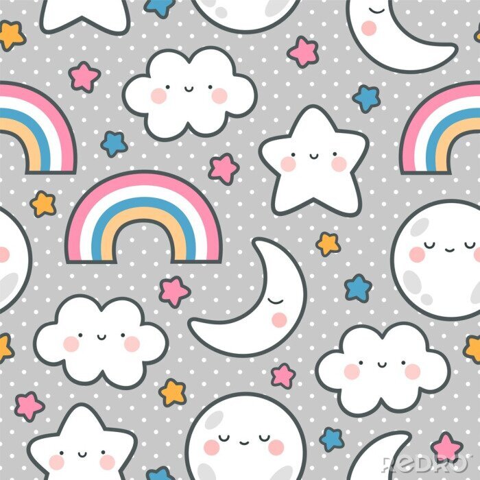 Behang Moons Clouds Rainbows and Stars Cute Seamless Pattern, Cartoon Vector Illustration, Nursery Background for Kid