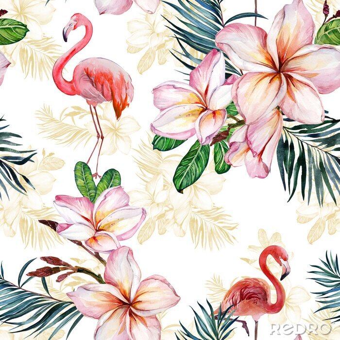 Behang Motief in felroze bloemen en flamingo's