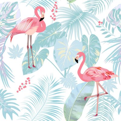 Behang Motief met flamingo's lichtroze op een blauwe achtergrond