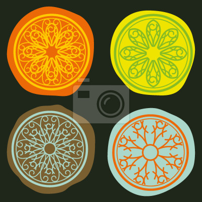 Behang Motief met gekleurde grote cirkels op een zwarte achtergrond