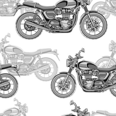 Behang Motor naadloze patroon, vector achtergrond. Monochroom illustratie. Zwart-witte motorfietsen met veel details op een witte achtergrond. Voor wallpaper ontwerp, stof, wrappers