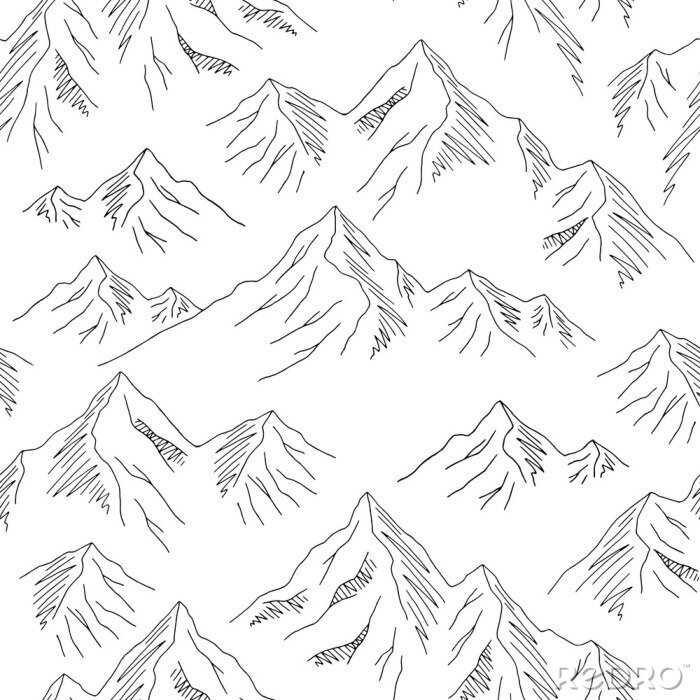 Behang Mountains graphic black white seamless pattern landscape background sketch illustration vector