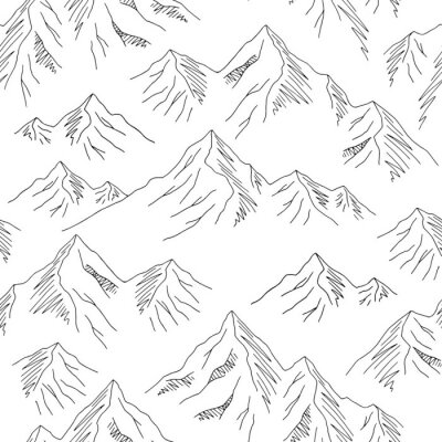 Behang Mountains graphic black white seamless pattern landscape background sketch illustration vector