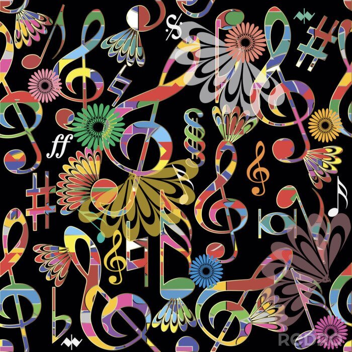 Behang Music notes colorful vector seamless pattern. Musical symbols and signs background. Modern repeat treble clefs and notes backdrop. Floral design. Abstract trendy ornament with flowers. Ornate texture