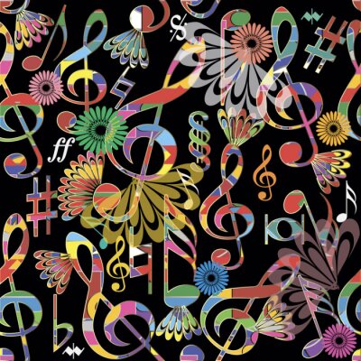 Behang Music notes colorful vector seamless pattern. Musical symbols and signs background. Modern repeat treble clefs and notes backdrop. Floral design. Abstract trendy ornament with flowers. Ornate texture