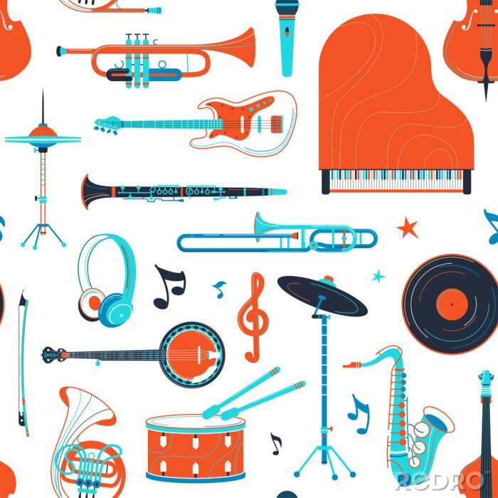 Behang Musical instruments, equipment retro vector flat seamless pattern