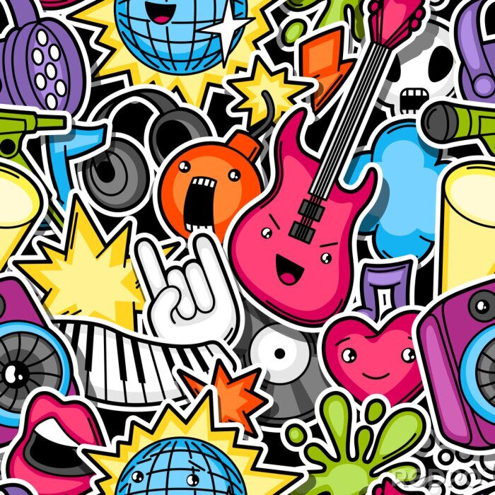 Behang Muziek partij kawaii naadloos patroon. Muziekinstrumenten, symbolen en objecten in cartoon-stijl