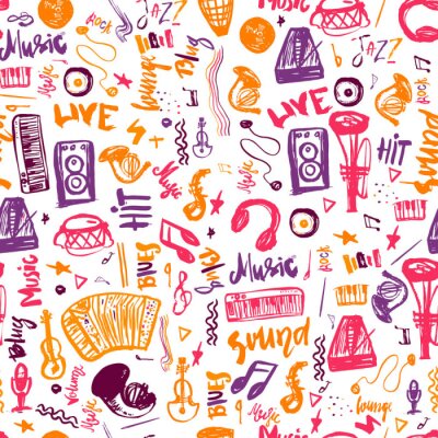 Behang Muziek symbolen grappige hand getekende naadloze patroon met elemens en belettering.