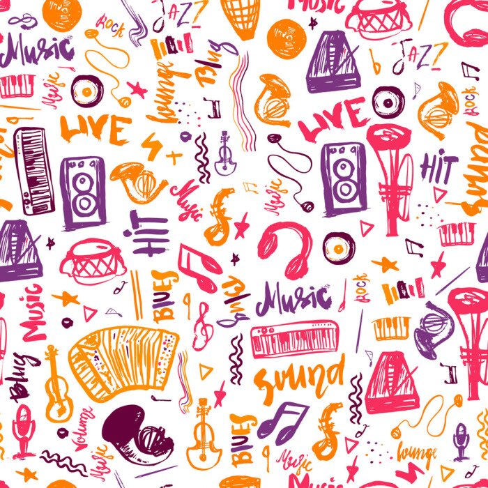 Behang Muziek symbolen grappige hand getekende naadloze patroon met elemens en belettering.