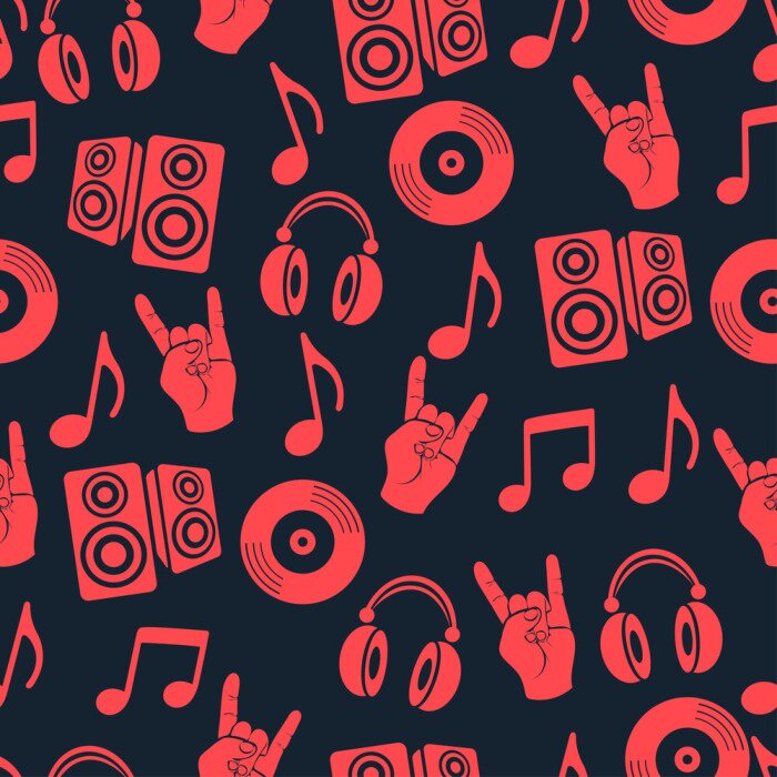 Behang Muzikale vector achtergrond, muziek accessoires naadloos patroon. Silhouet tekening hoofdtelefoons, schijf CD, plaat, luidsprekers, notities en gebaar geit in rode kleuren op een donkerblauwe