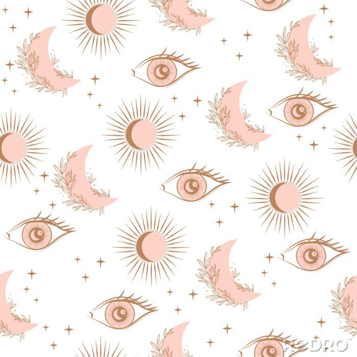 Behang Mystical Seamless pattern with eyes, sunand moon, esoteric and boho objects. Editable Vector Illustration