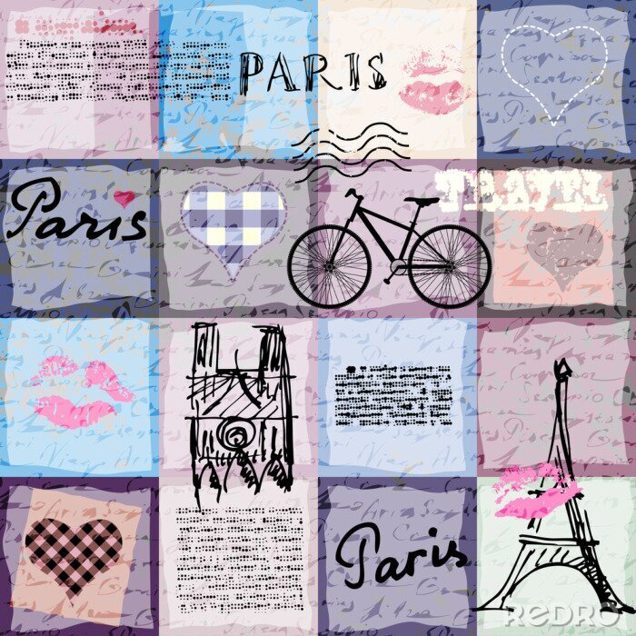 Behang Naadloos achtergrond patroon. Retro plakboek collage Parijs.