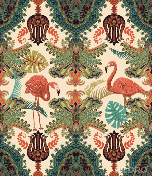 Behang Naadloos Arabisch patroon. Etnisch sierbehang. Kleurrijke decoratieve achtergrond met ornamenten, planten en flamingo's. Ontwerp voor textiel, stof, web, inpakpapier