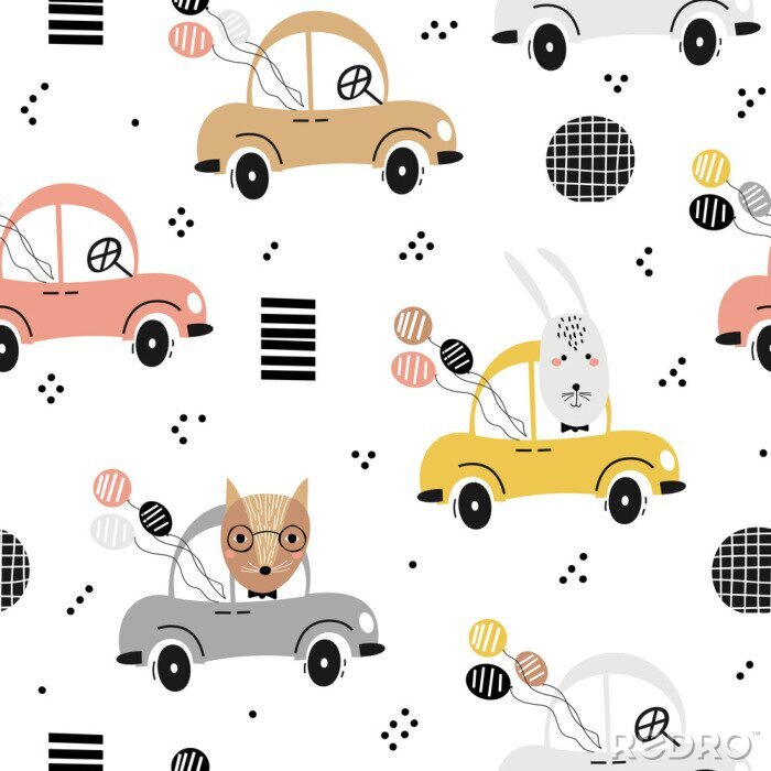 Behang Naadloos babypatroon met leuke vos, konijn in de auto. Creatieve kindertextuur voor stof, textiel, behang en verpakking. Vector illustratie