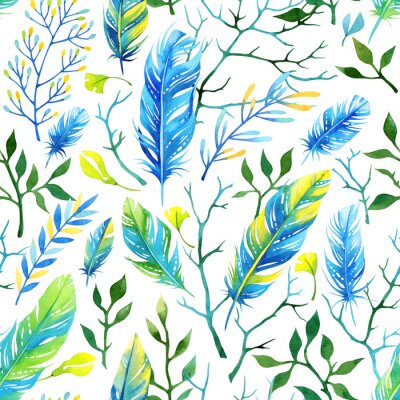 Behang Naadloos bloemen aquarel patroon met veren