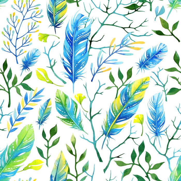 Behang Naadloos bloemen aquarel patroon met veren