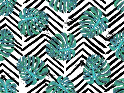 Behang Naadloos de zomer tropisch patroon met exotische palmbladen vectorachtergrond. Perfect voor achtergronden, opvulpatronen, webpagina-achtergronden, oppervlaktetexturen, textiel