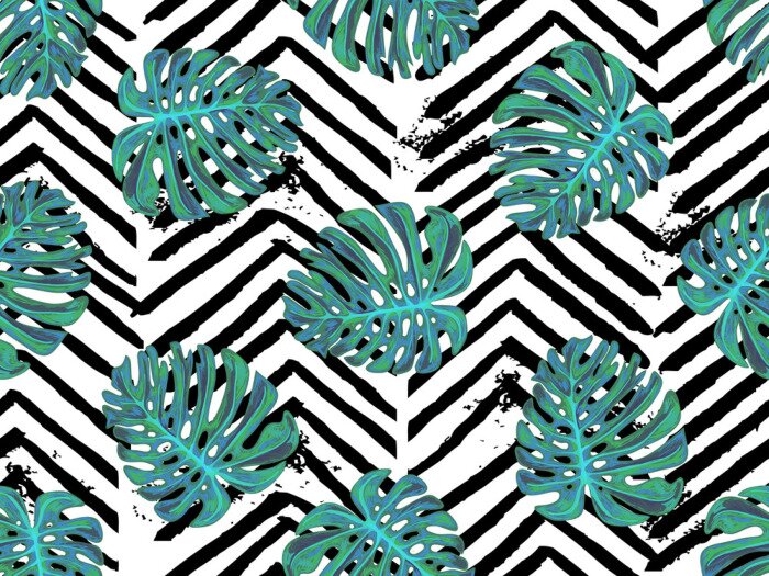 Behang Naadloos de zomer tropisch patroon met exotische palmbladen vectorachtergrond. Perfect voor achtergronden, opvulpatronen, webpagina-achtergronden, oppervlaktetexturen, textiel