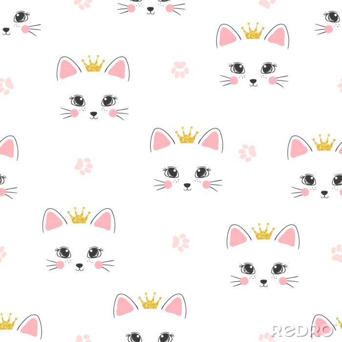 Behang Naadloos kat prinses patroon. Vector achtergrond voor kinderen.