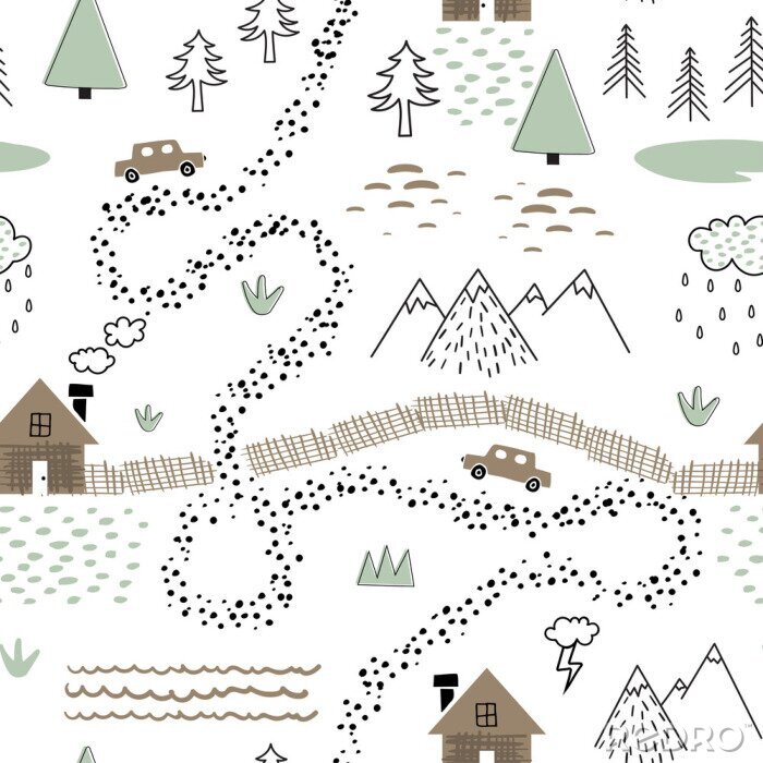 Behang Naadloos kinderachtig patroon met huis, bomen, bergen en auto's. Natuur landschap textuur voor kinderen stof, verpakking, textiel, behang, kleding. Grafische illustratie in Scandinavische stijl.