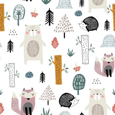 Naadloos kinderachtig patroon met leuke beer, vos, egels in het hout. Creatieve kinderen skandinavische stijl textuur voor stof, onmiddellijke verpakking, textiel, behang, kleding. Vector illustratie