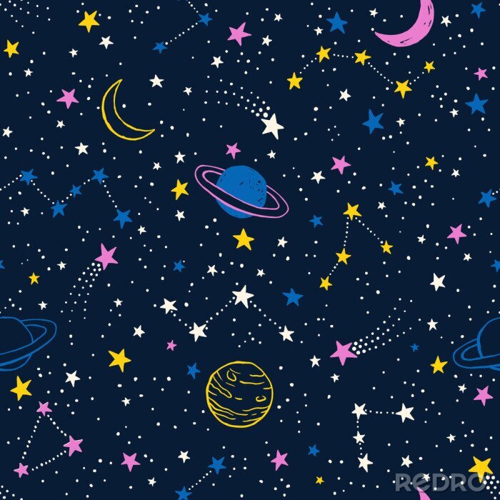 Behang Naadloos kleurrijk patroon met planeten, sterrenbeelden en sterren
