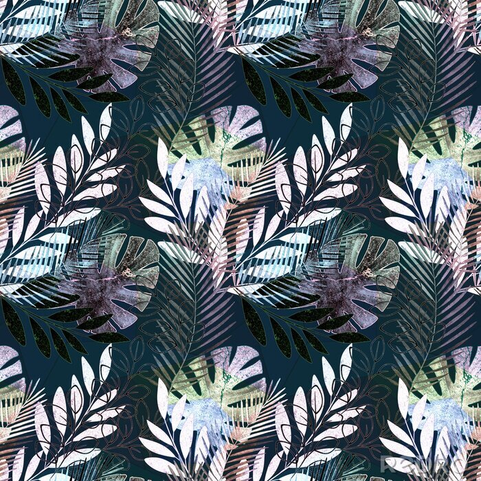 Behang Naadloos levendig tropisch patroon. Kleurrijke palmbladen op een zwarte achtergrond.