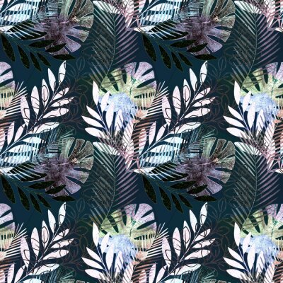 Behang Naadloos levendig tropisch patroon. Kleurrijke palmbladen op een zwarte achtergrond.