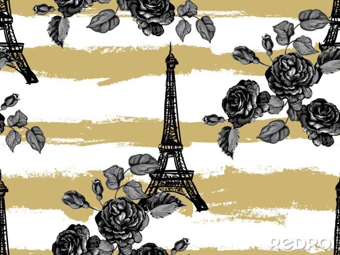 Behang Naadloos Parijs-patroon met de toren van Eiffel en rozenbloemen. Franse vector achtergrond. Perfect voor achtergronden, webpagina's, oppervlakte texturen, textiel, uitnodigingen, kleding, kaarten, ont
