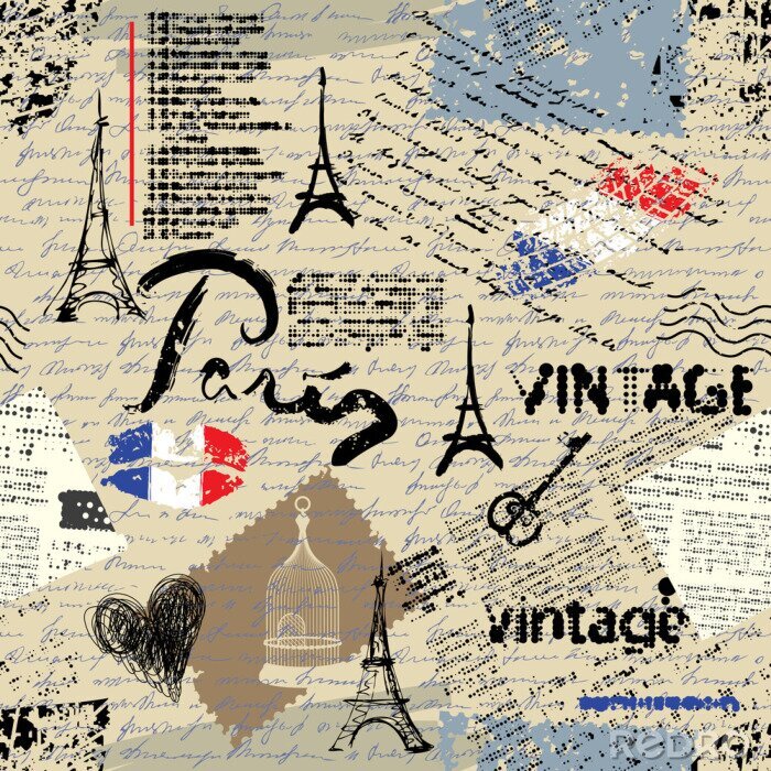 Behang Naadloos patroon als achtergrond. Imitatie van een vintage plakboekcollage met het van letters voorzien van Parijs.
