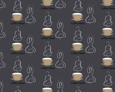 Behang Naadloos patroon die koffiekop met silhouet van een lichaam in assana van de yogalotusbloem stomen. Concept koffie en ontspanning. Koffietijd, pauze, rust. EPS10 Vector in koffie stijl op donkere acht