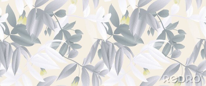 Behang Naadloos patroon, hand getrokken pastelkleur groene en witte bladeren met gele bloemen op lichtgele achtergrond