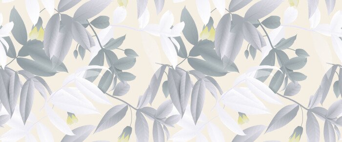 Behang Naadloos patroon, hand getrokken pastelkleur groene en witte bladeren met gele bloemen op lichtgele achtergrond